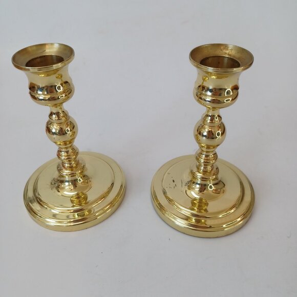 Baldwin Brass Candlesticks Holders 5" Height Vintage Set of 2 Round Base - Picture 9 of 9